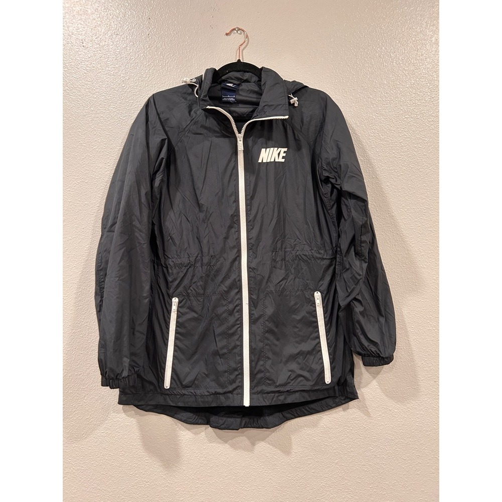 Nike Hooded Windbreaker Jacket Black White Full Zip Drawstring Waist Women Large